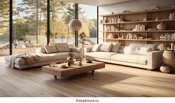 A modern living room with a large windows