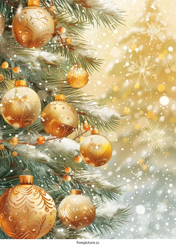 Christmas Ornaments with Glittering Gold Balls and Snowflakes
