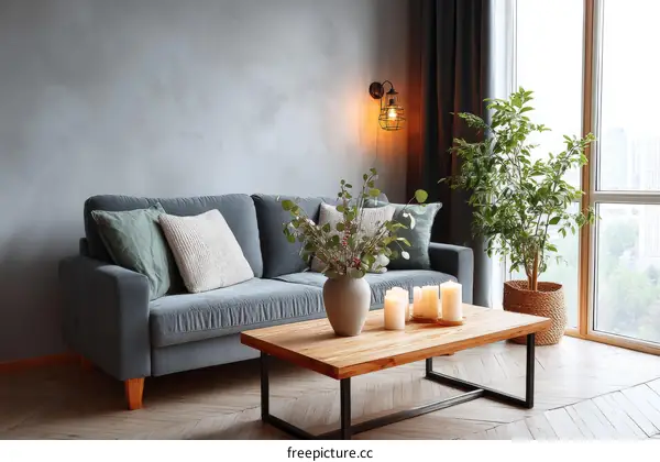 Cozy Living Room with Gray Sofa and Wooden Coffee Table