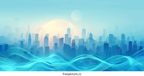 Blue and white cityscape illustration