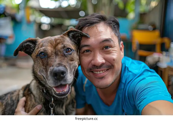 A smiling man and his dog take a selfie together