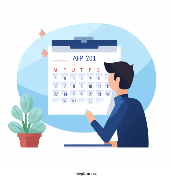 Young man looking at a calendar and planning his schedule