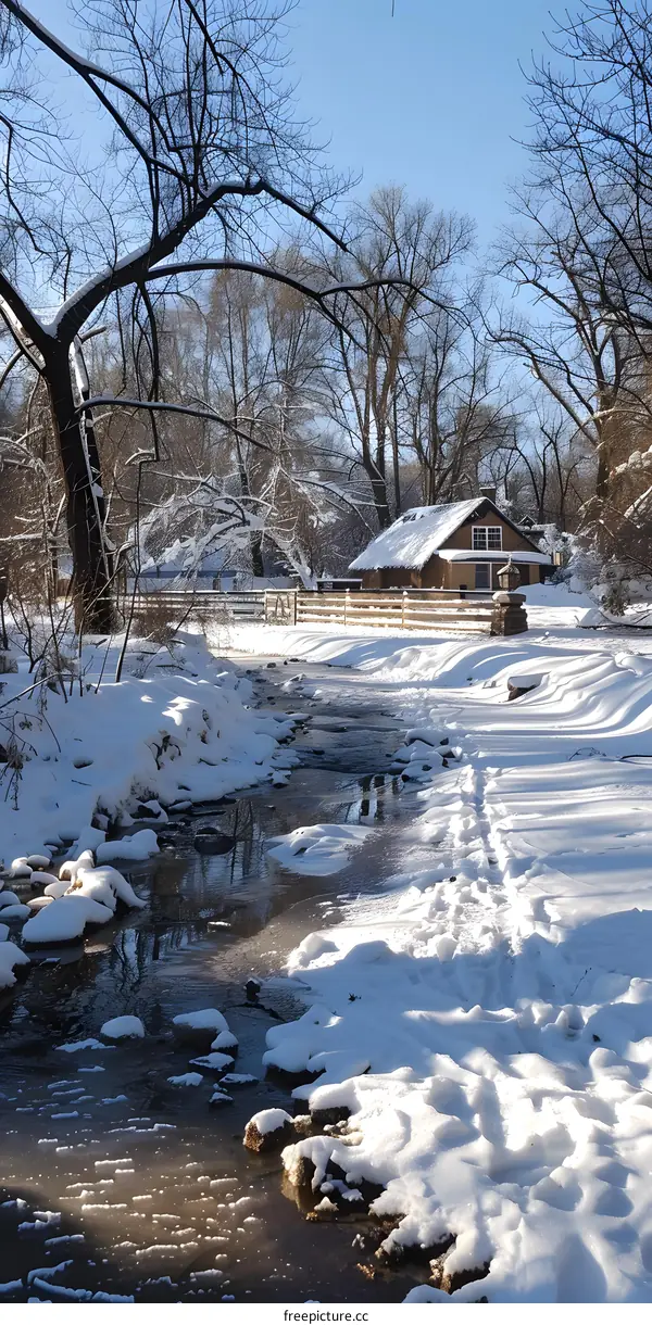 Snowy Winter Creek with Stream and Bare Trees