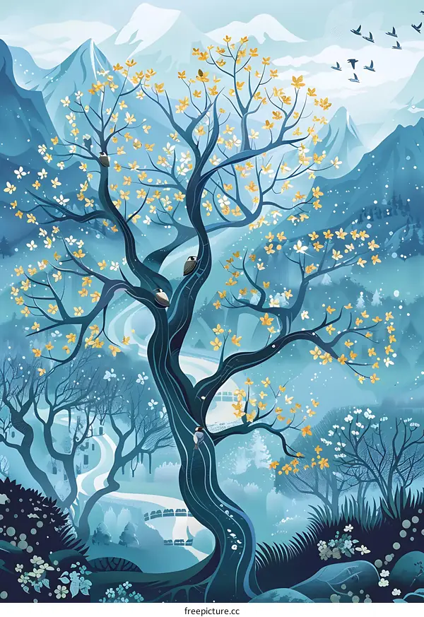 Blue Sky Mountain Landscape With A Blooming Tree In Winter