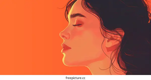 An illustration of a young woman with long dark hair against a solid orange background