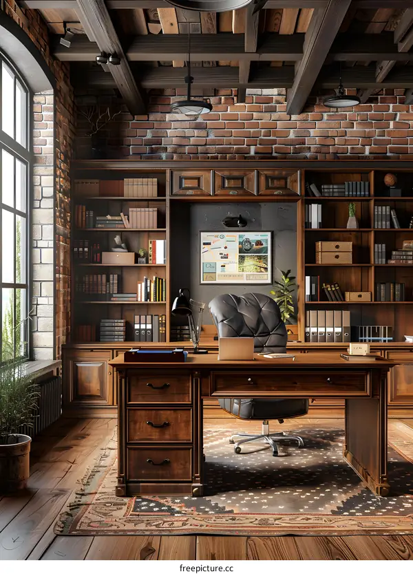 retro home office library wood brick