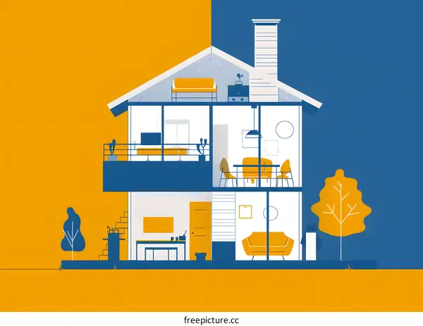 Cross Section Illustration of a Modern Home with Yellow and Blue Colors