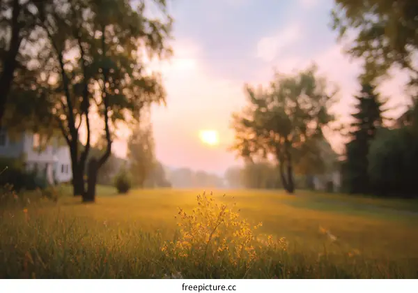 Golden Hour Meadow Scene in Suburban Area