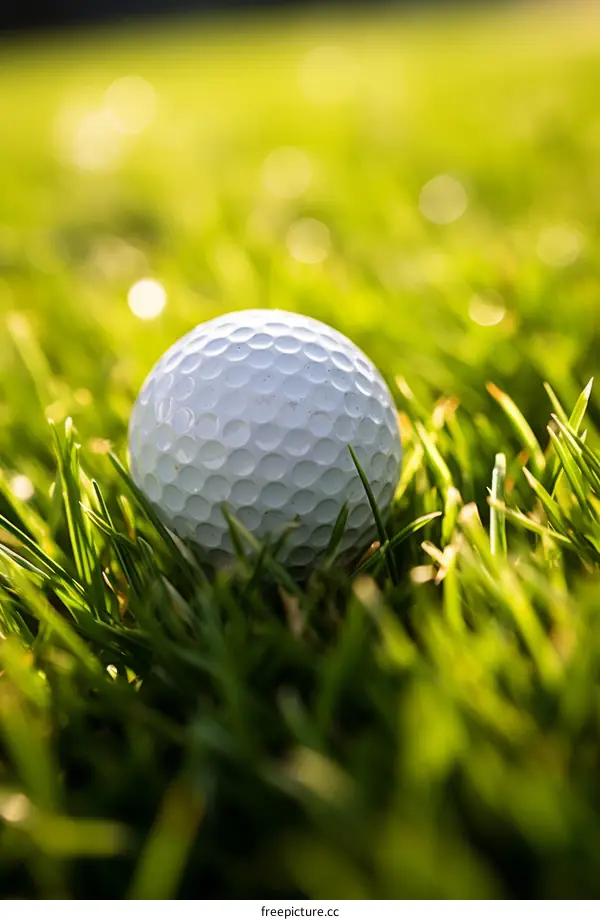 Close-up of a golf ball sitting in the rough