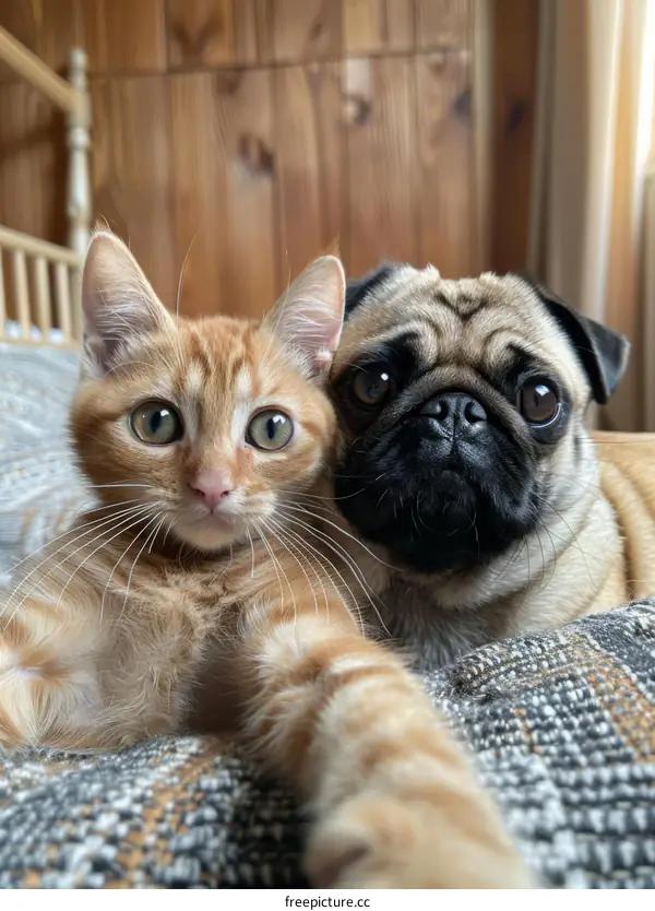 An orange cat and a pug are lying on a bed and looking at the camera
