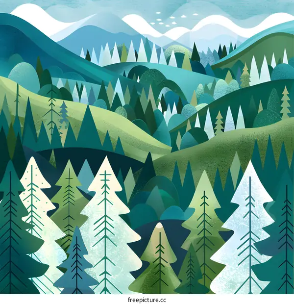 Abstract Green Forest Illustration With Mountains in Background