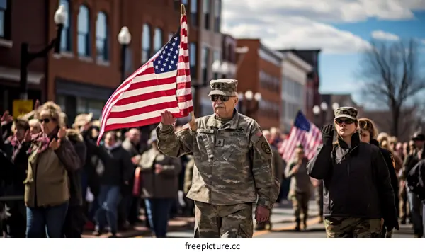 A soldier holding an American flag in a parade with people on both sides of the street