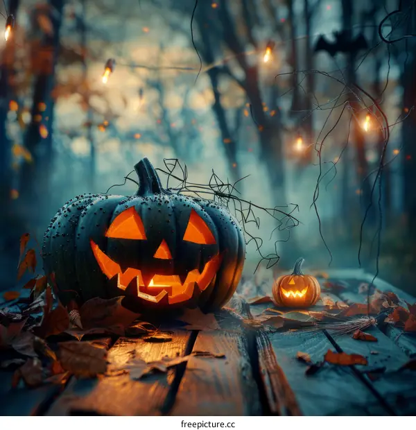 Halloween Pumpkins on a Wooden Table in a Spooky Forest