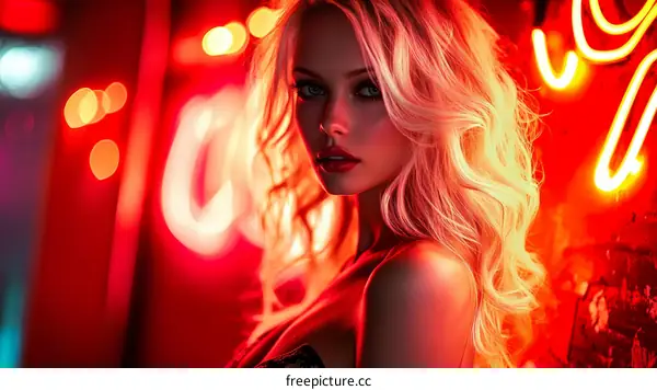 Blonde Woman in Neon Light Portrait