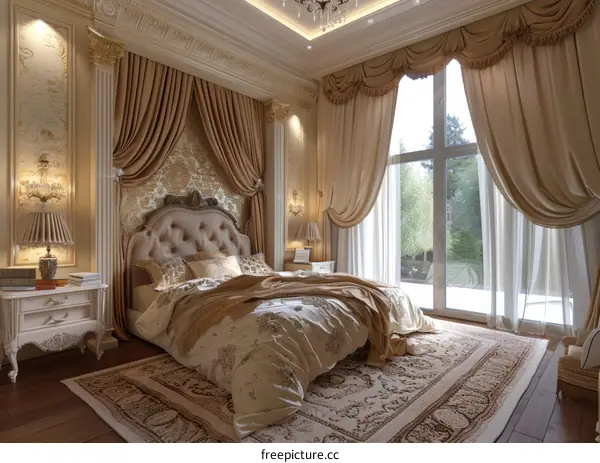 The picture shows a bedroom with a bed, a window, a carpet, and a nightstand.