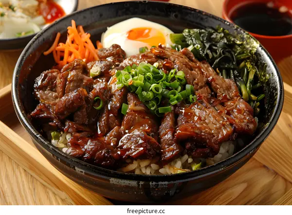 Beef rice bowl with egg and vegetables