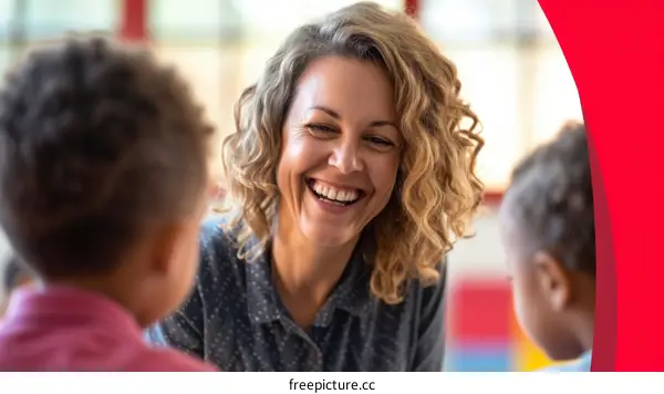 Early childhood educator smiling at two preschool children