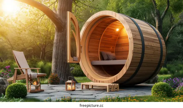 Wooden barrel sauna in the woods