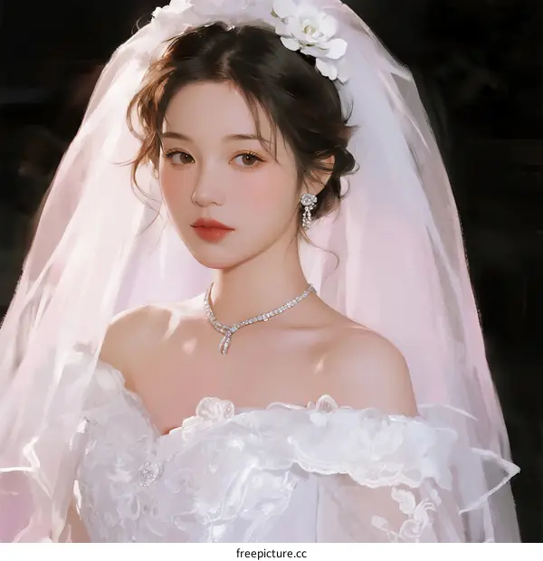 A Beautiful Young Bride Wearing White Wedding Dress and Veil