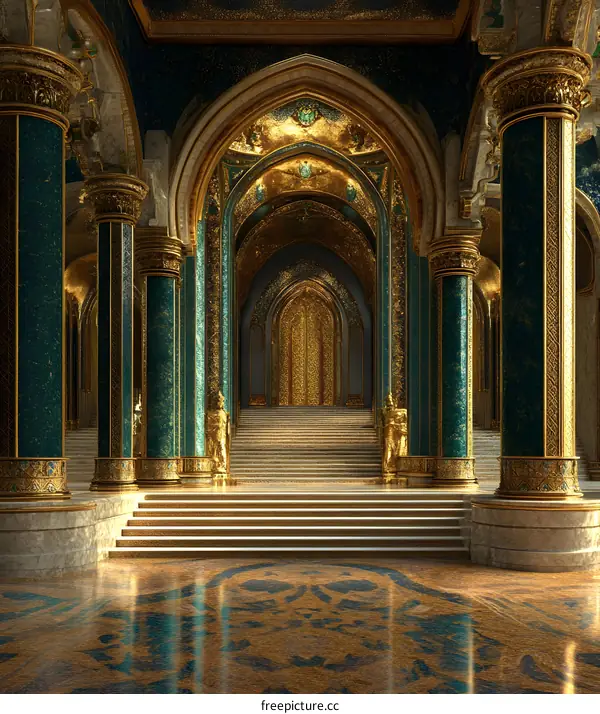 Golden Hallway With Stairs Leading To A Large Door