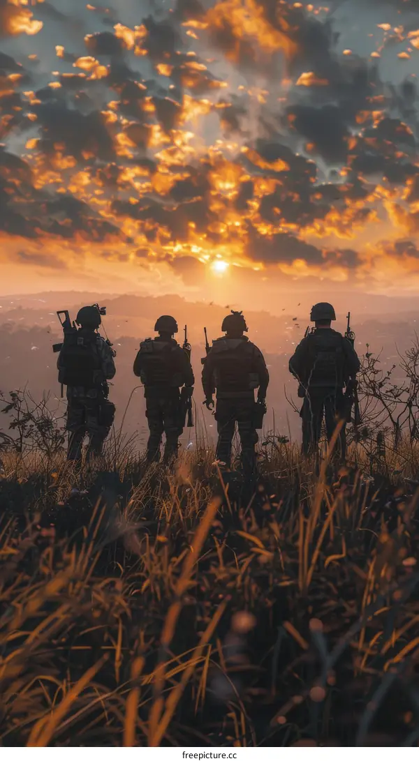 Four soldiers standing in a field of grass watching the sunset