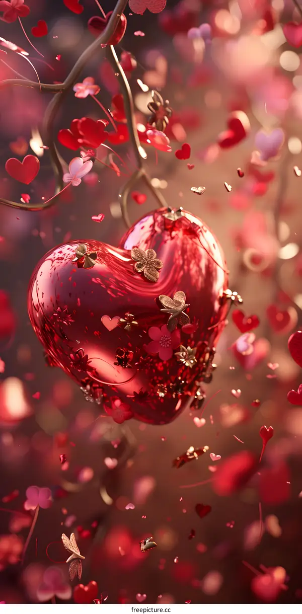 A red heart-shaped balloon in a blossoming flower