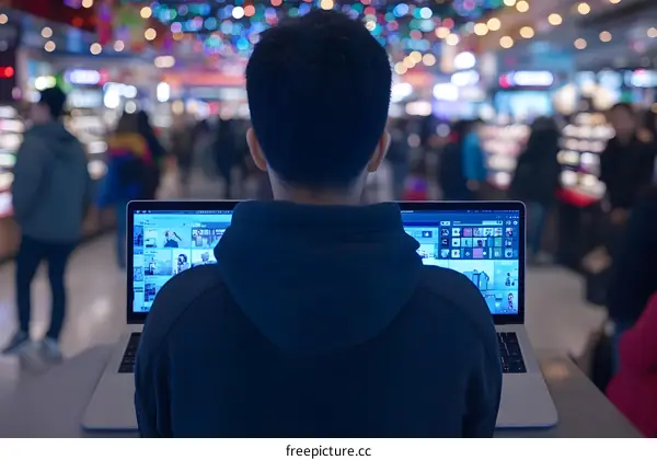 Man Using Laptop in Public Place with Blurred Background