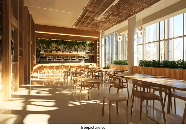 Modern Cafe Interior Design with Wooden Furniture and Natural Light