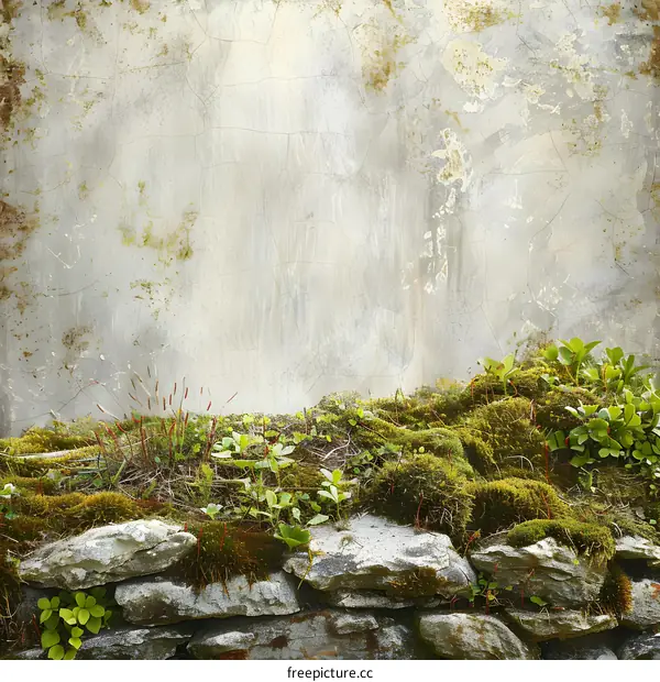 Old Stone Wall with Moss and Green Plants