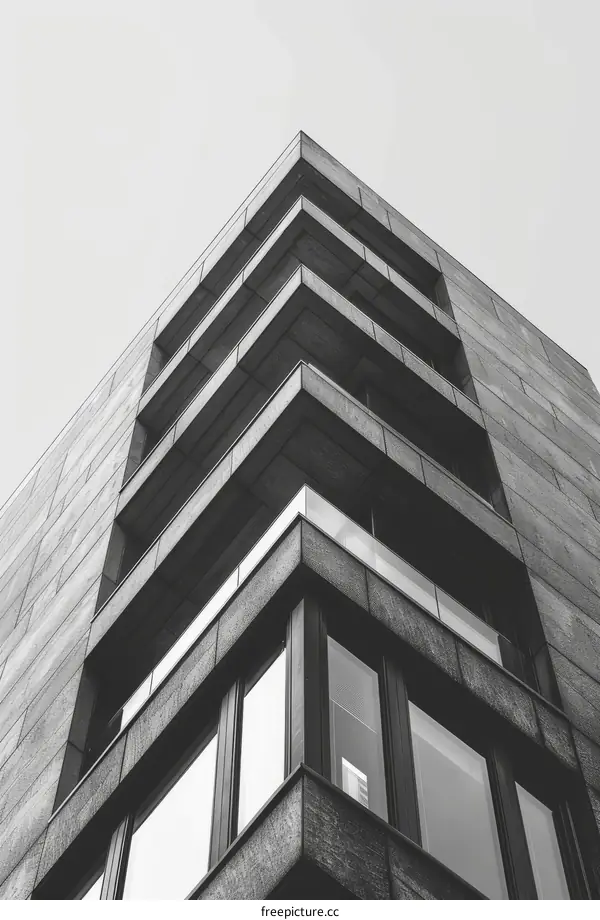 Black and white photo of a modern office building with glass windows