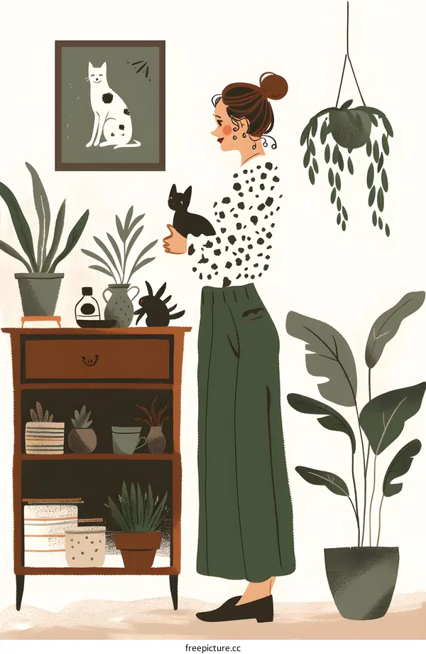 Woman With Cats And Plants Illustration