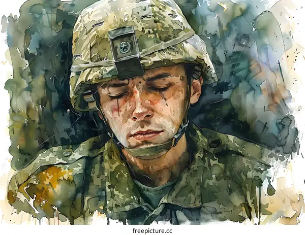 A soldier wearing a helmet with a camouflage pattern is crying.