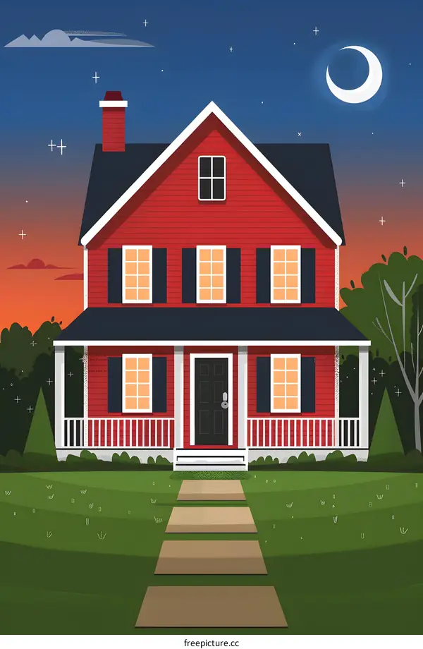 Red House with Porch Under the Night Sky