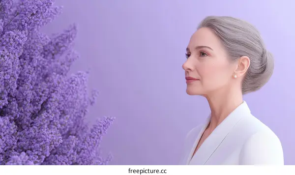 Elegant Mature Woman against Lilac Background
