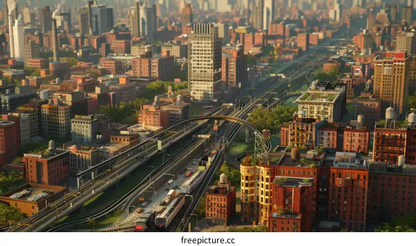 Aerial View of a Cityscapes with Railroad and Roads