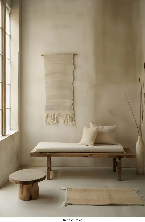 Minimalist Living Room with Wooden Bench and Woven Wall Hanging