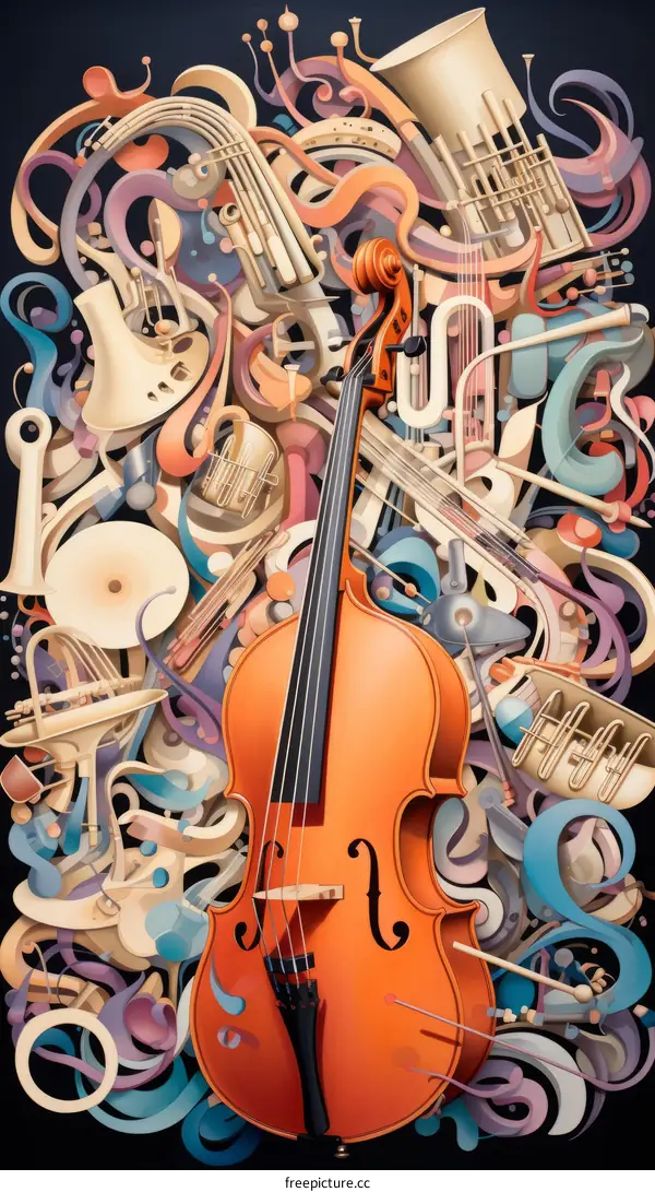 A Surreal Painting of a Violin with other Musical Instruments