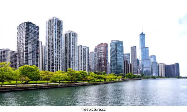 Chicago Skyline with Green Park and River