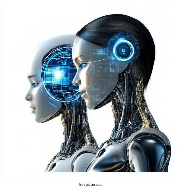 Two futuristic robots profile view