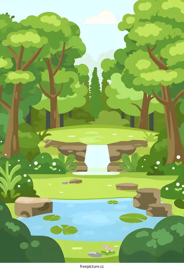 Waterfall and Pond in Lush Green Forest
