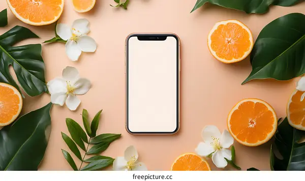 Smartphone Mockup with Oranges, Flowers, and Leaves