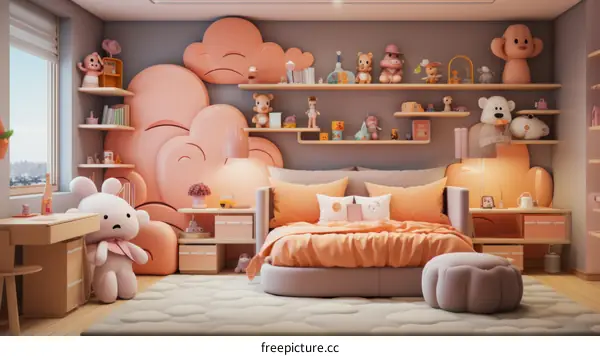A Cute Cartoon Style Bedroom with Toys and Stuffies