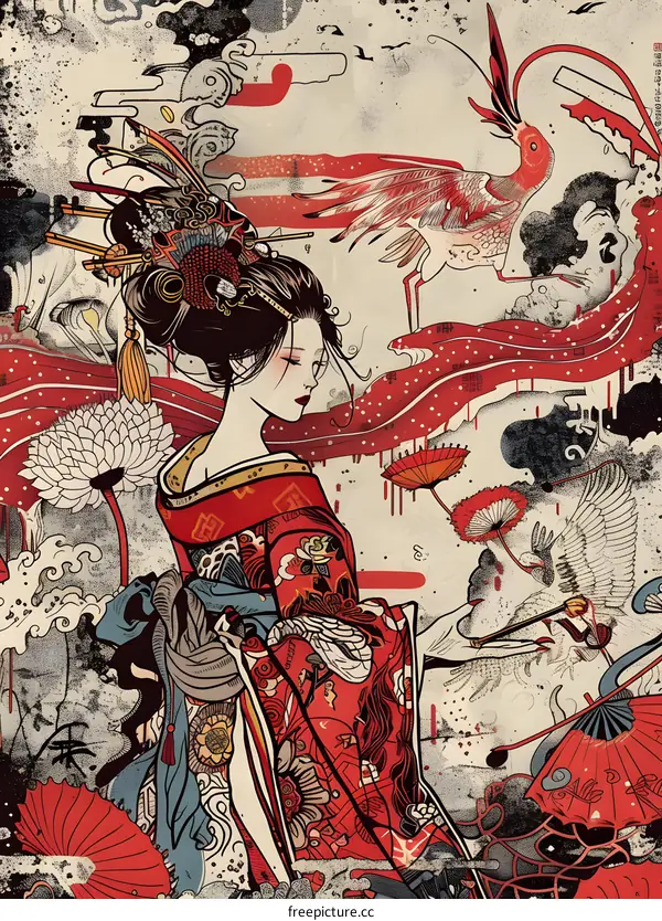 Japanese Geisha with Red and White Flowers in Traditional Clothing