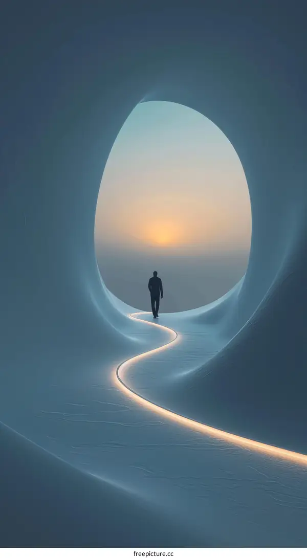 Man walking in a surreal landscape with a glowing path