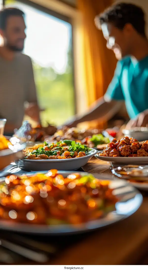 Family Dinner Gathering with Diverse Foods