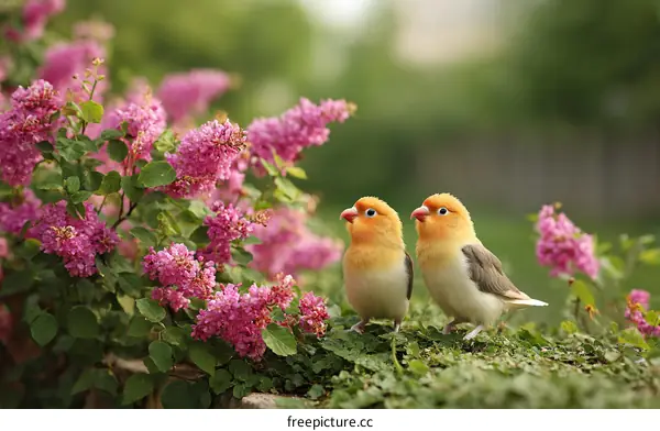 Two Love Birds Among Beautiful Pink Flowers