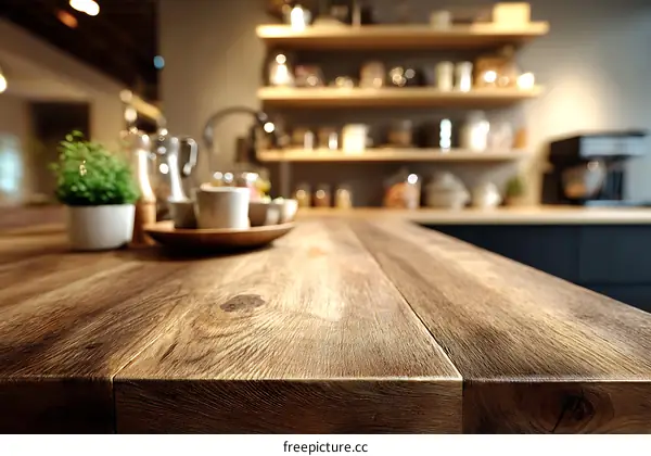 Wooden Kitchen Counter Top with Blurred Interior