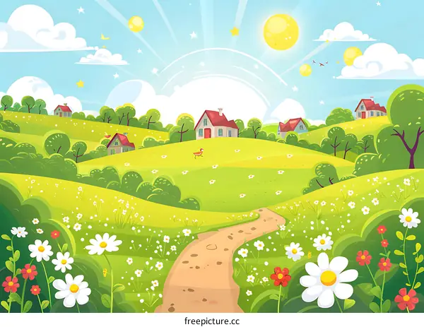 Beautiful Countryside Landscape with Rolling Hills, Houses, and Daisies