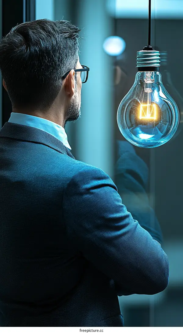 Businessman Contemplating Ideas with Light Bulb