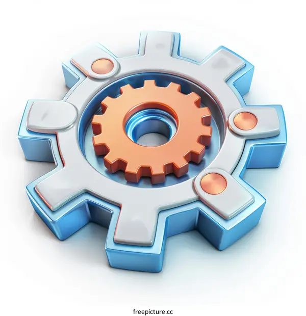 3D rendering of an orange gear with a silver outline and blue accents